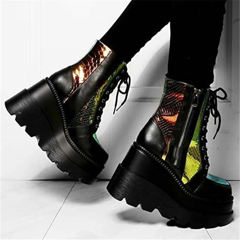 Women's Pink Holographic Platform Ankle Boots Fashion Gothic Wedge Heel Lace Up Side Zipper Punk Combat Boots Botas Para Mujer view 5