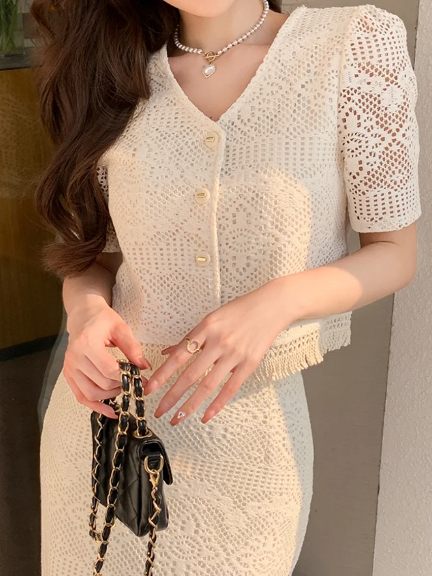 

Alien Kitty Office Lady Slim Women Suits Chic Elegant Lace Tassel Coats 2025 Gentle Summer Short Sleeve Bodycon Skirts