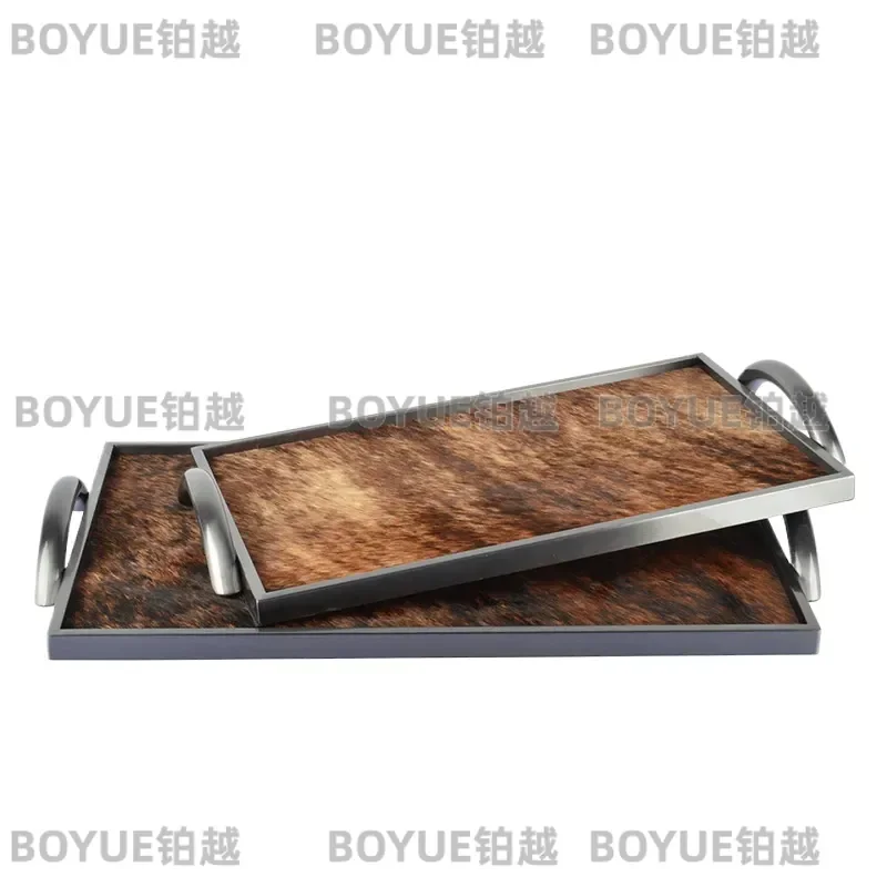 Modern Light Luxury Stainless Steel Electroplated Leather Tray for Living Room Bedroom Desktop Storage Plate Home Decor