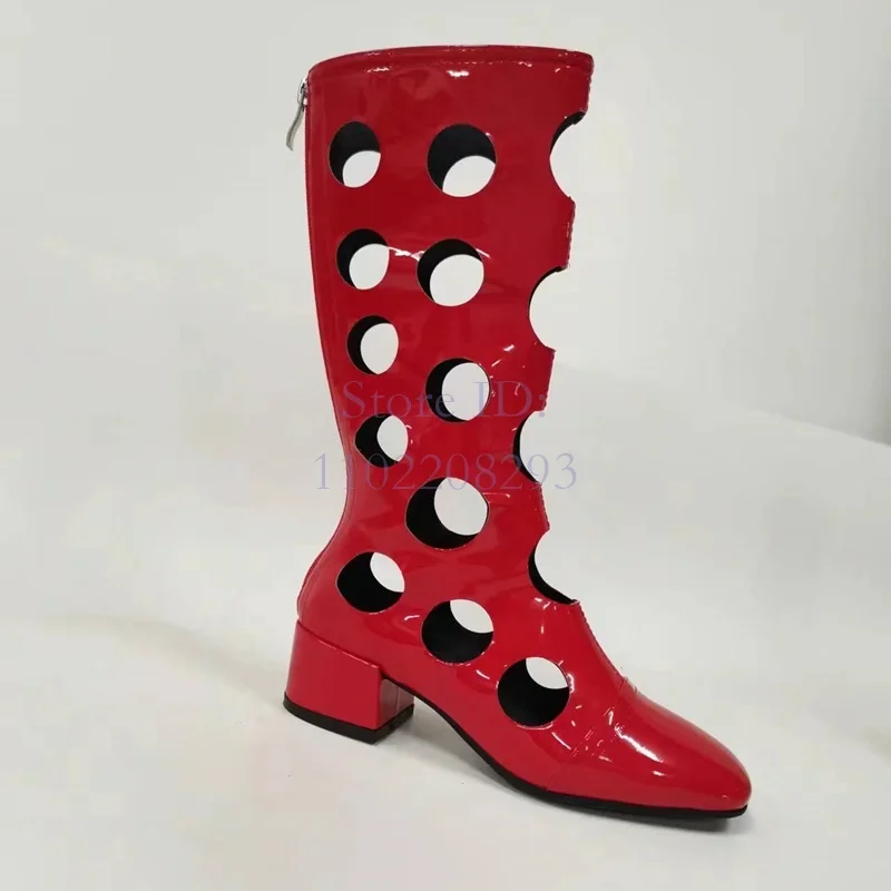 

Solid Hollow Patent Leather Mid-calf Boots Pointed Toe Breathable Hole Square Heel Back Zipper Boots Women Catwalk Shoes 2024