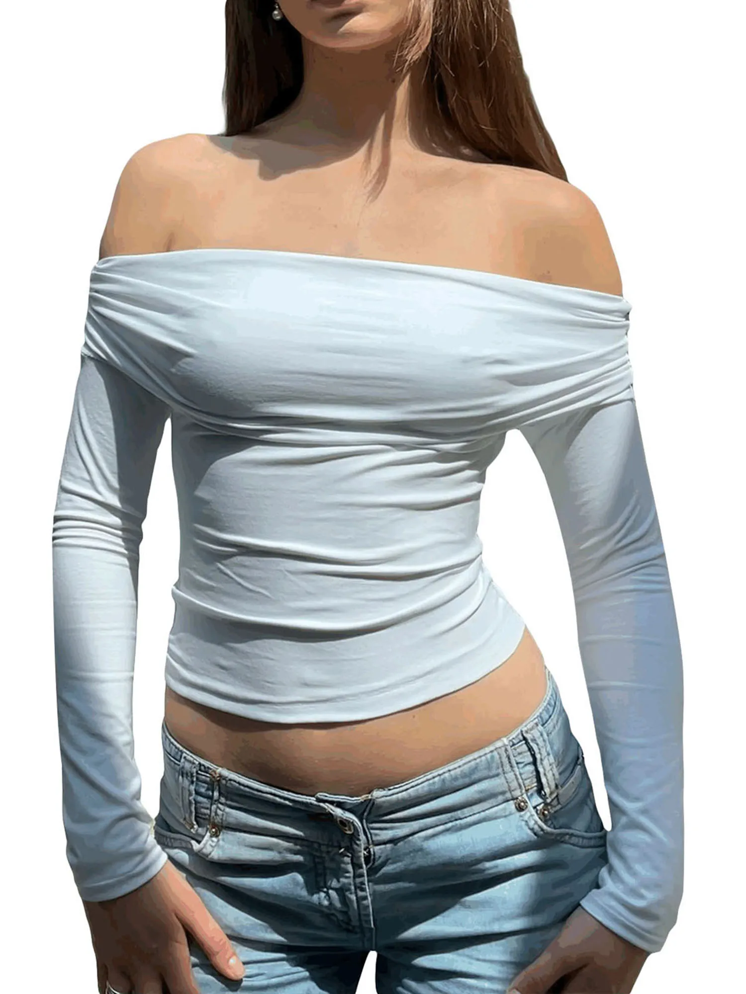 

Women’s Y2K Off Shoulder Crop Tops Cute Going Out Long Sleeve Top Sexy Backless Slim Fit T-Shirt Casual Streetwear