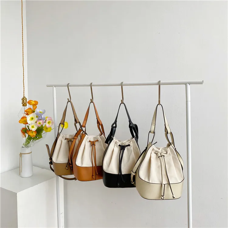 Korean style Stitching canvas Small Bucket Bags for Women 2024 new Brand Shoulder bag Handbags Casual Tassel Crossbody Bag