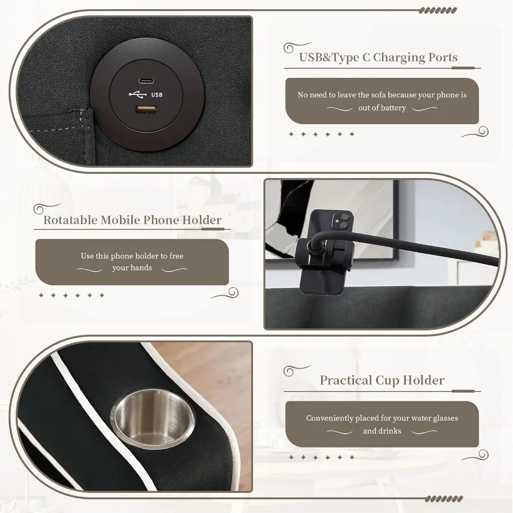 سرير كرسي أريكة قابل للتحويل، سرير أريكة فوتون صغير مخملي 3 في 1 مع حامل هاتف ومنافذ USB، أريكة قابلة للسحب