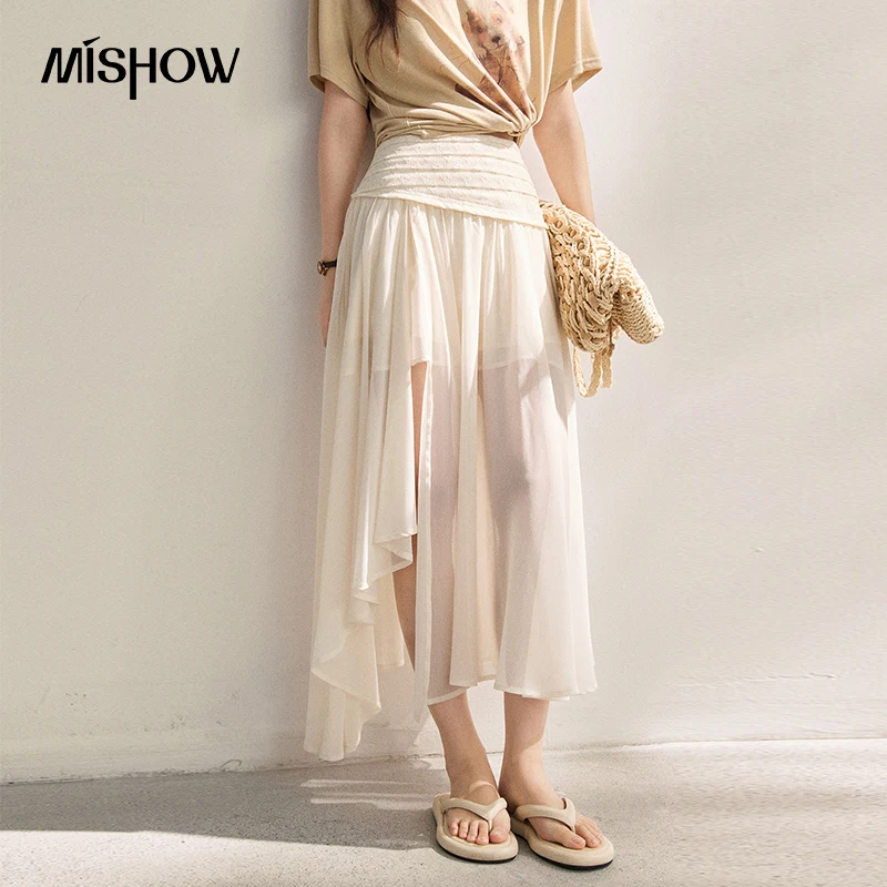 MISHOW Nova Saia Longa de Chiffon com Renda Irregular e Fenda, Cintura Alta, Design Plissado Estilo Francês, Verão 2026 MXF24B2505