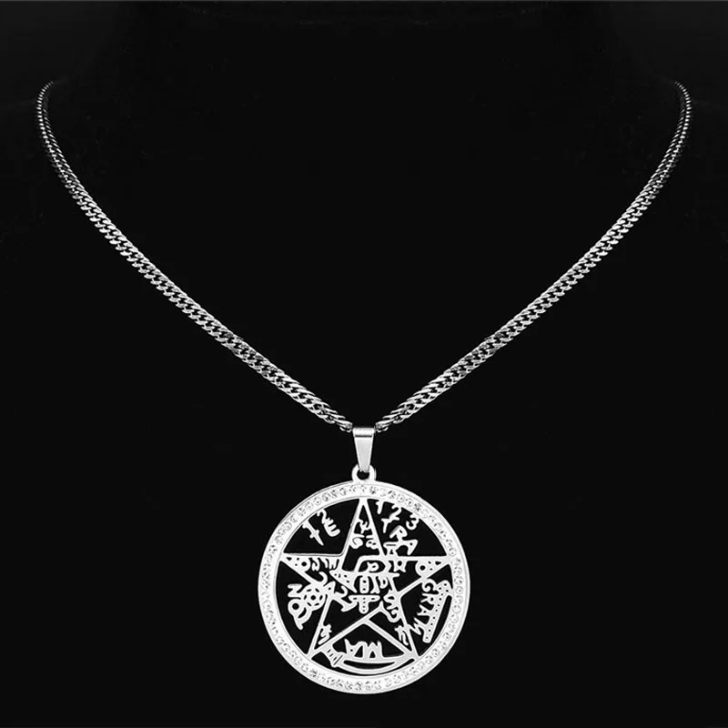 Witchcraft Crystal Pentagram Tetragrammaton Necklace Women Men Stainless Steel Wicca Pentacle Talisman Amulet Necklaces Jewelry