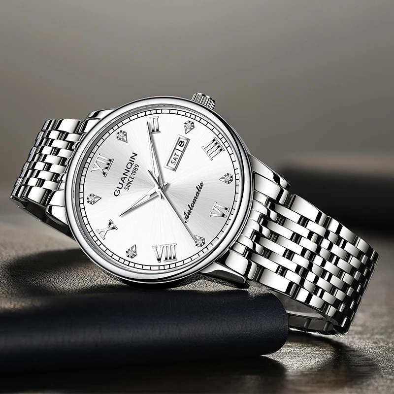 GUANQIN Роскошные мужские часы, полностью автоматические механические часы из нержавеющей стали с двойным календарем, водонепроницаемые часы высокого класса для бизнеса и отдыха