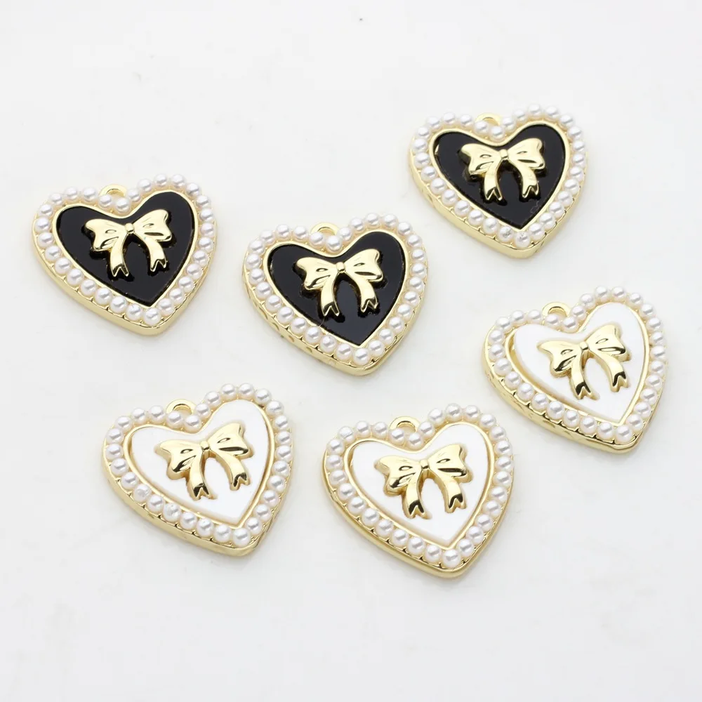 Zinc Alloy Charms Imitation Pearl Bow Heart Charms 21mm 2PCS For DIY Jewelry Making Bulk Wholesale Earring Charms