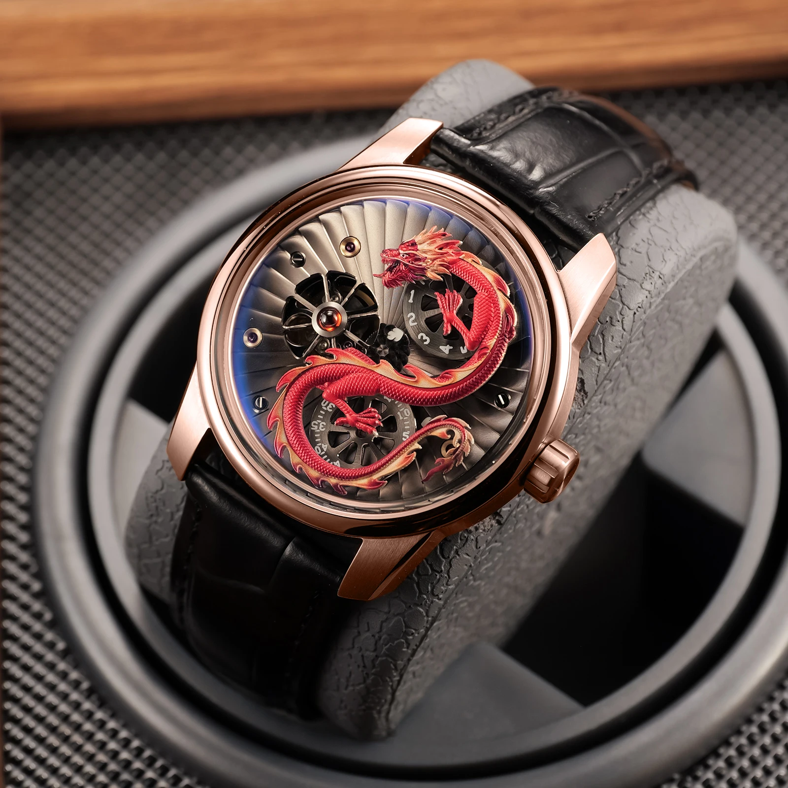 

OBLVLO Top Luxury Men's Automatic Watch Rose Gold Red Dragon Crocodile Print Leather Strap Waterproof Mechanical Watch JM-DRAGON