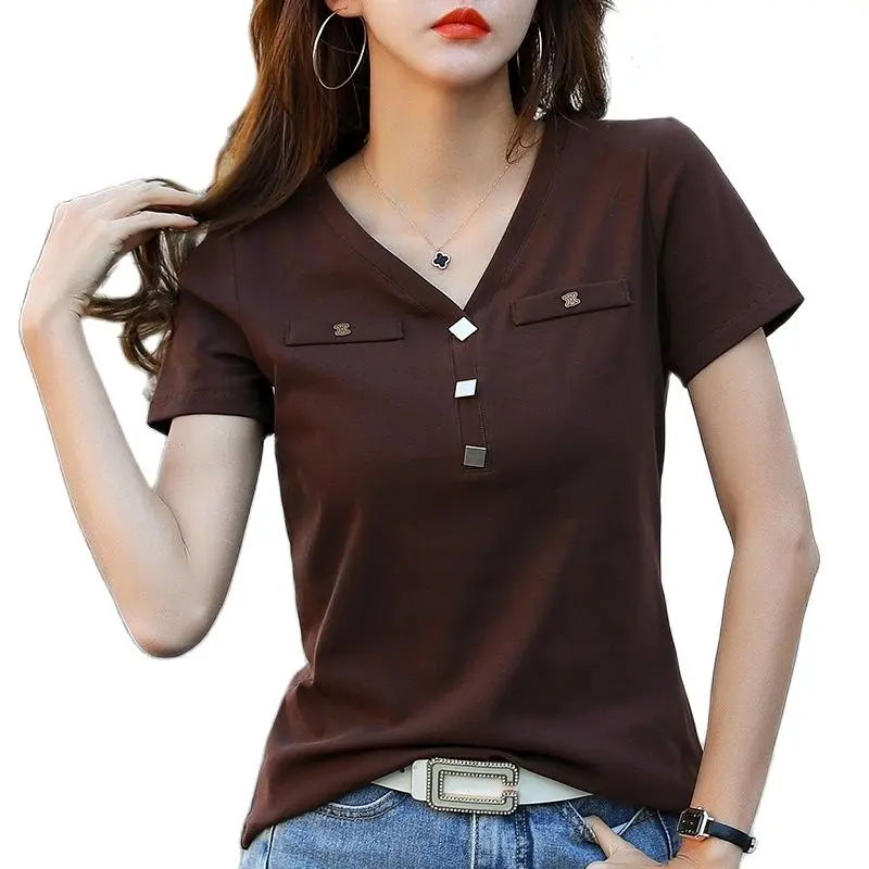 Woman Summer Crystal Button V-Neck Cotton T-Shirt Short Sleeve Female Elegant Tshirts Fashion England Style Tops