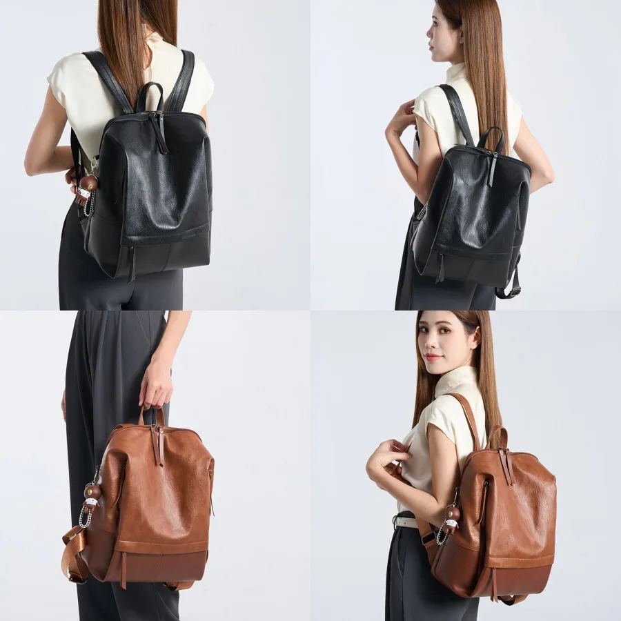 

【New style】European and American fashionable sandwich soft leather zipper commuter backpack new computer large-capacity travel