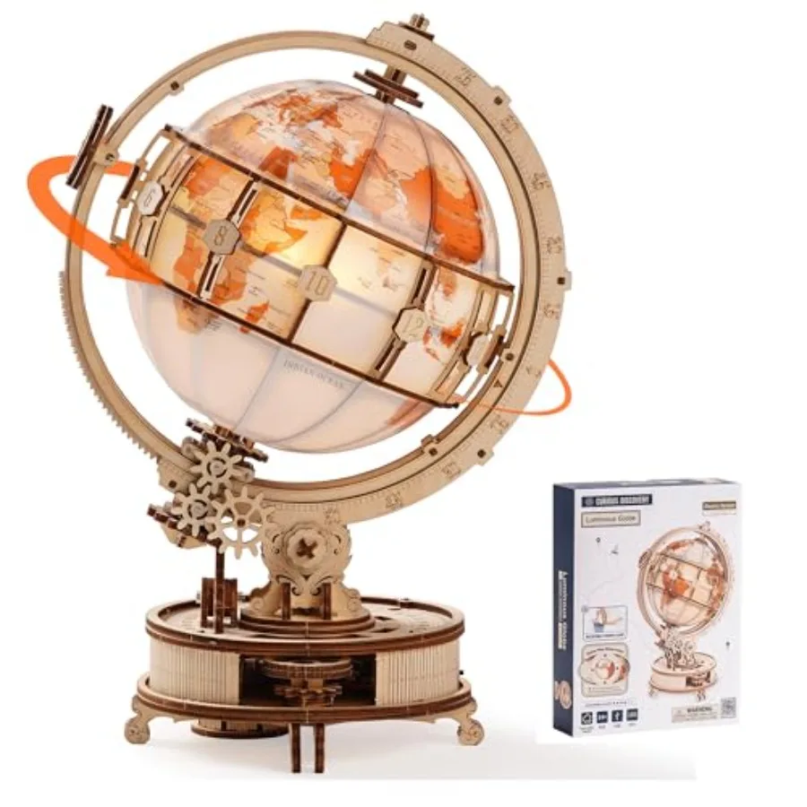 

Illuminated Rotating Wooden Globe Puzzle-185 Piece 3D Night Light Kit, Educational Geography Model for Adults and Teens 14+, No