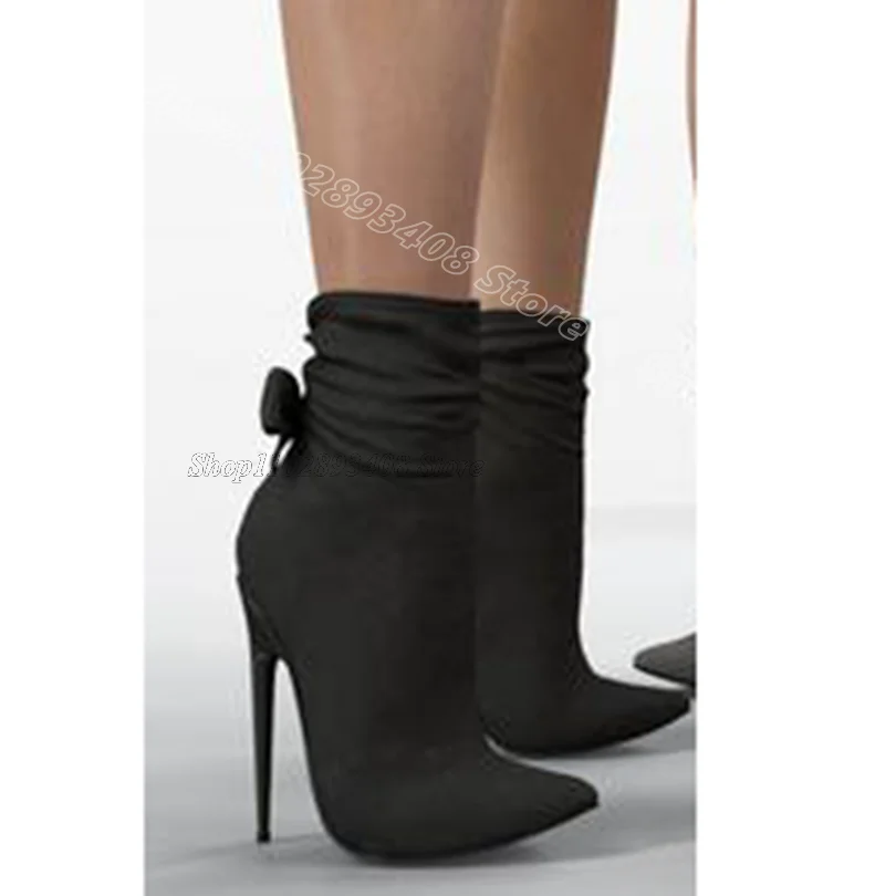 Pleated Bowknot Decor Pointed Toe Boots Solid British Style New Fashion Design for Women Short Boots 2024 Zapatos Para Mujere
