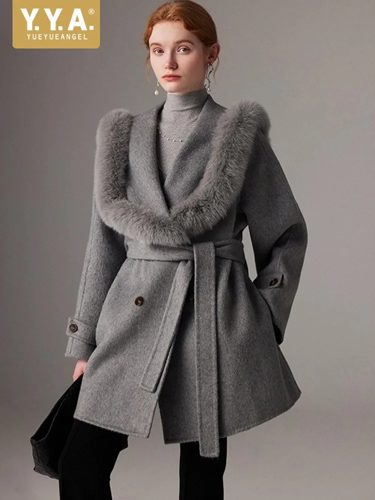Winter Women Double Sided Woolen Coat Luxury Fox Fur Collar Office Lady Work Belted Mid Long Woolen Blends Jacket Cloak Outwear