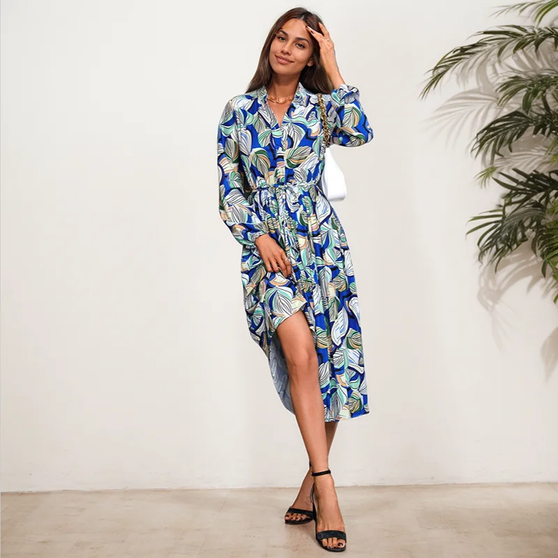 Bohemian Style Pleated Skirt Autumn New Fashionable Women's Leaf Print V-neck Waist Collection Mid Length Long Sleeved Dress