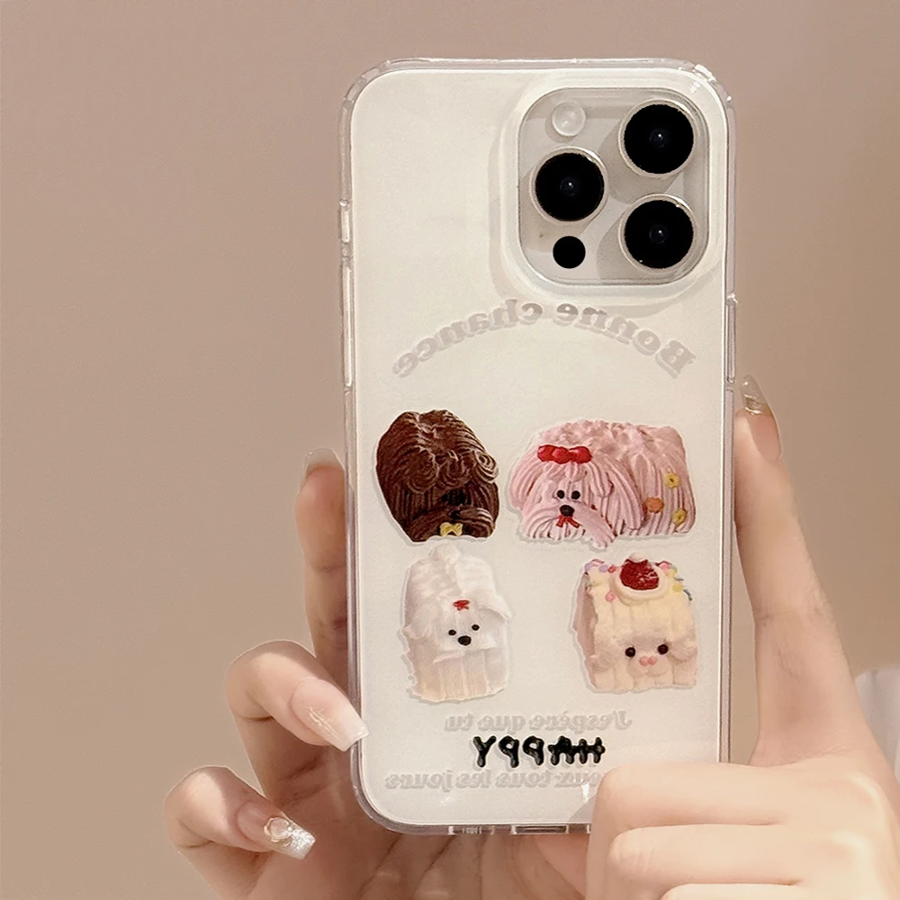 Luxury Dessert Cute Dog Phone Case for iPhone 15 14 13 12 Pro Max White Background Double-layer Bumper Cover