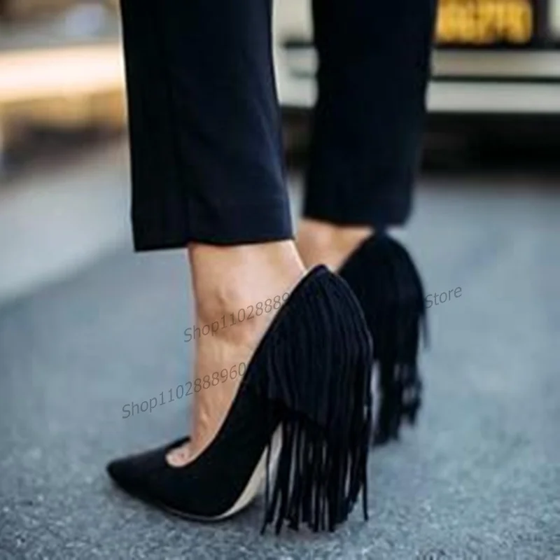 

Shallow Black Flock Fringe Decor Pumps Stilettos High Heel Women Shoes Slip-On Pointed Toe 2024 Fashionable Zapatos Para Mujere