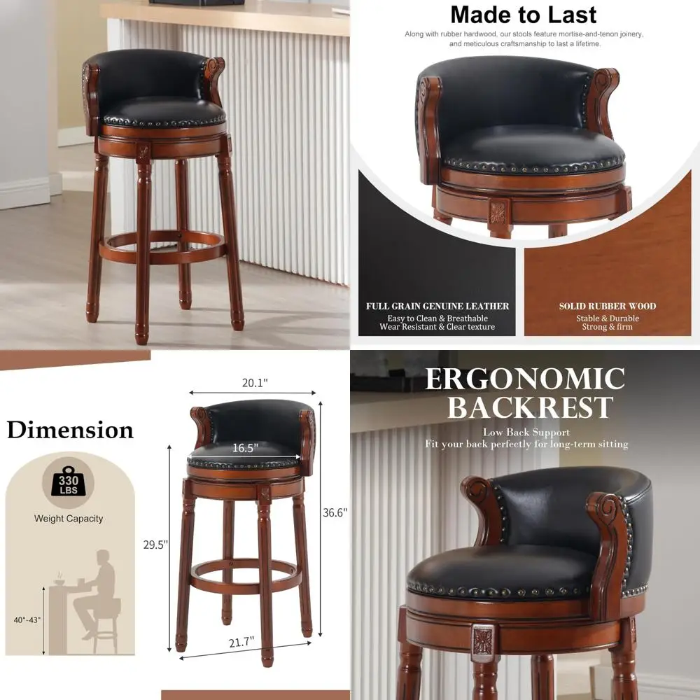 مقاعد جلدية دوارة مع مسند للقدمين: جلد أسود محبب بالكامل وقاعدة خشبية للمطبخ وتناول الطعام وغرفة المعيشة #1