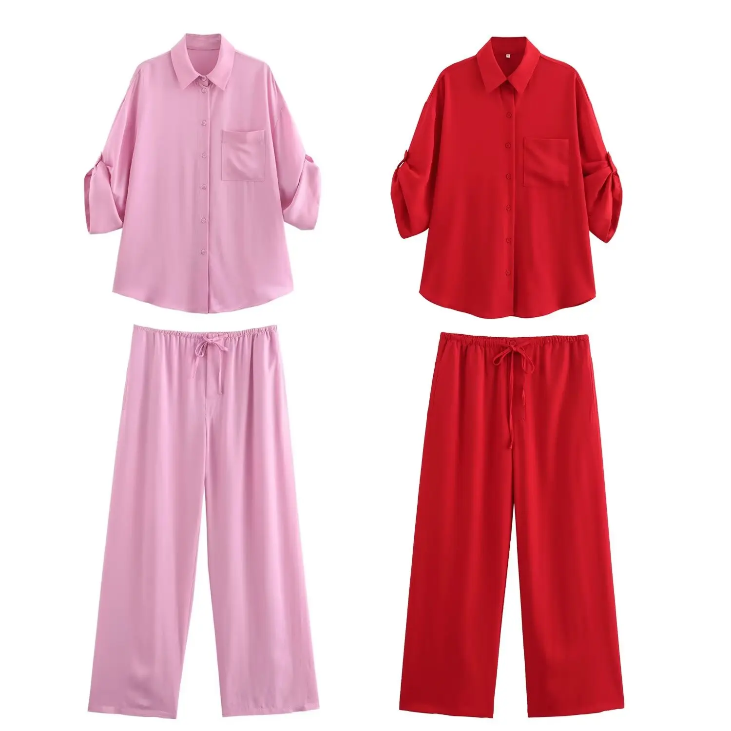 Traje de 2 piezas para mujer, camisa de textura satinada con decoración de bolsillo, blusa Retro de manga larga y pantalones de cintura elástica, novedad de 2024