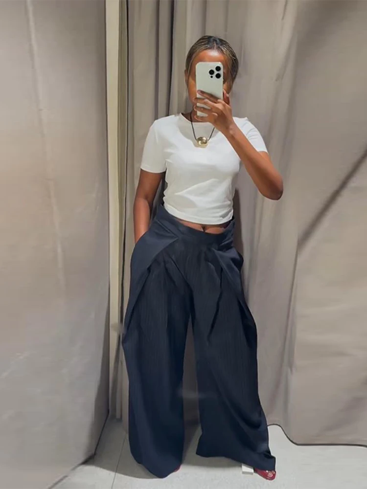 2025 Autumn Street Stripe High Waist Pants Women Chic Loose Wide Leg Pockets Patchwork Trousers Female Bottom Lady New