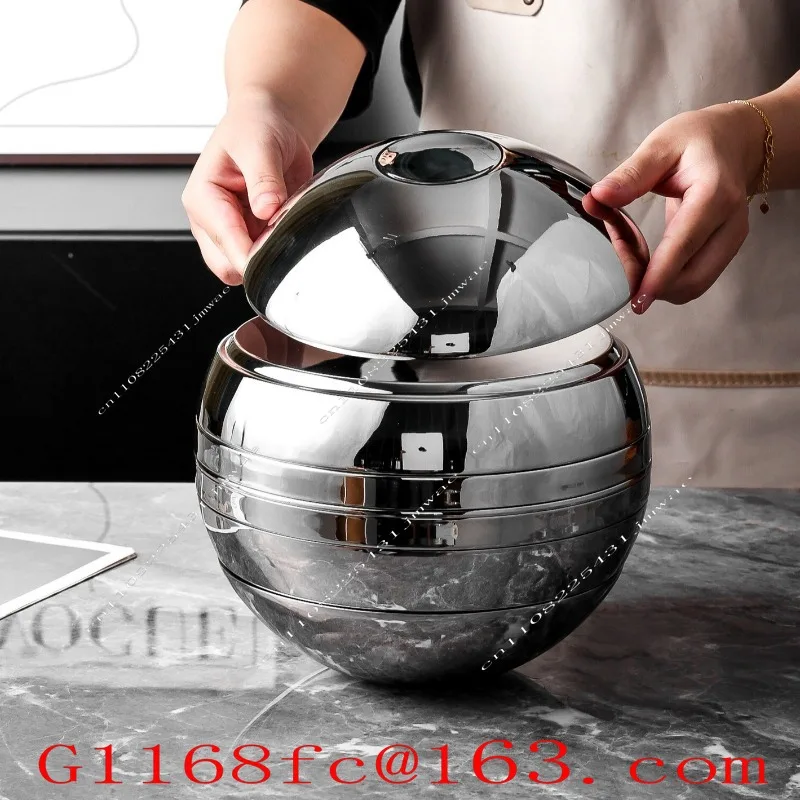 304 Stainless Steel Seven-piece Art Sphere Ornament, Bright Bowl Double-layer Anti-scalding Gift Box