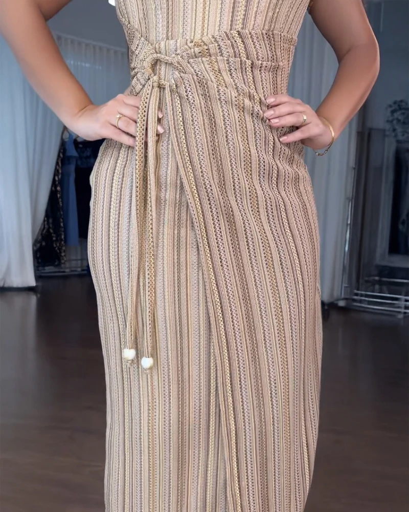 

2025 Summer Womens Dresses Textured Striped Square Neck Puff Sleeve Wrap Hem Work Dress Tied Detail Cinched Waist Maxi Dress