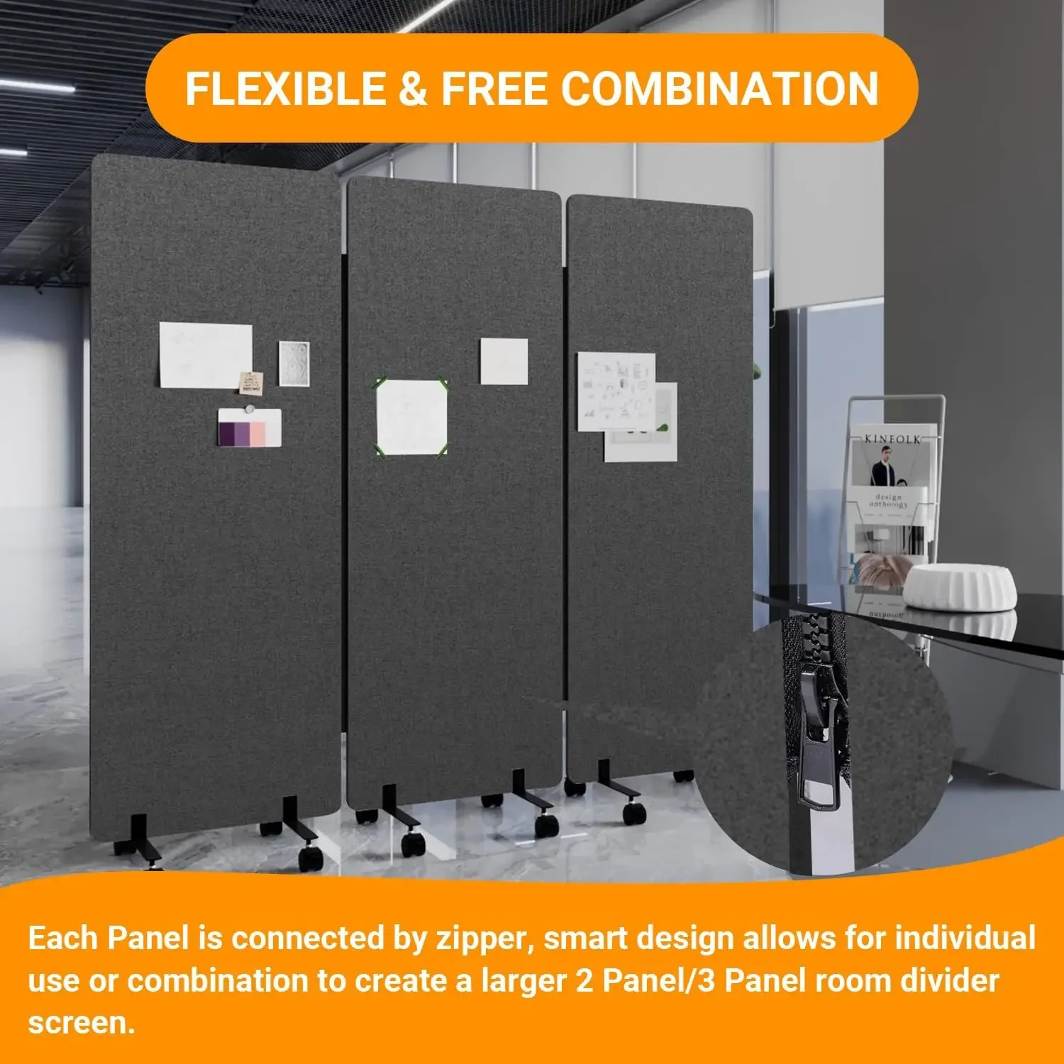 3 Panel Soundproof Room Divider, Portable Acoustic Office Divider | Acoustic Soundproof,Smooth Rolling Wheels,Large 66
