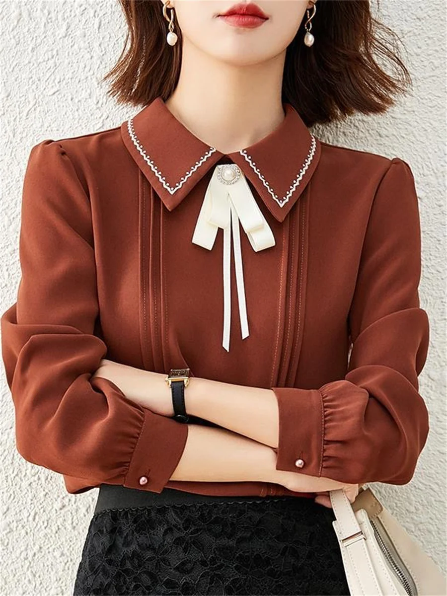 Women Spring Autumn Style Blouses Shirts Lady Casual Long Sleeve Peter Pan Collar Blusas Tops DF4655