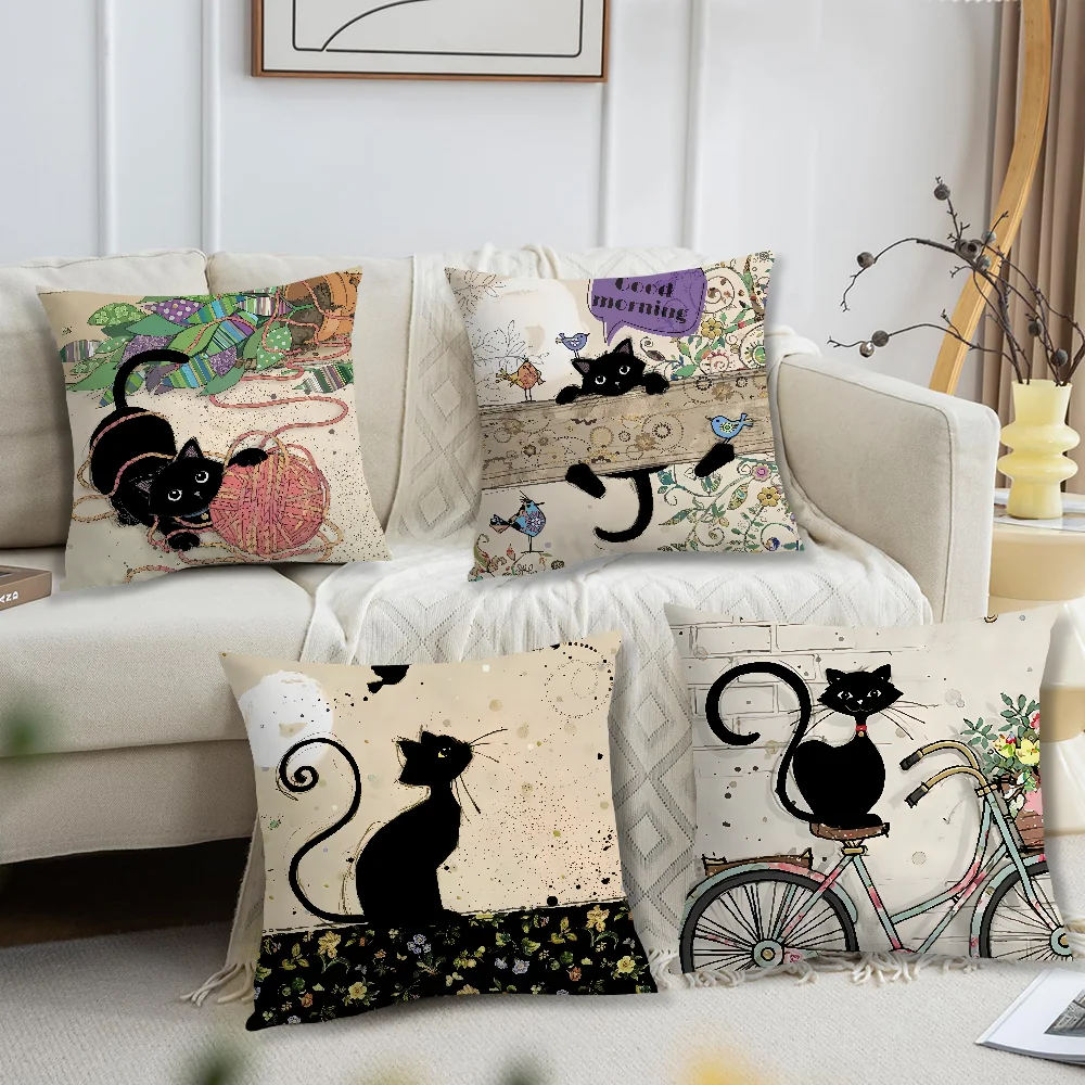 Vintage Cartoon Black Cat Throw Pillow Cover Retro Kitten Bird Bicycle Floral Pattern Cushion Case Decorative Pillowcase For Sof