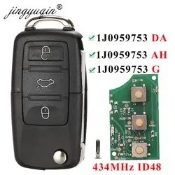 Jingyuqin – Clé 3 boutons, télécommande de voiture à distance, 434 MHz, puce ID48, convient aux modèles VW PASSAT Polo, Skoda, Seat, Golf, Coccinelle, DA/AH, 1K0959753G