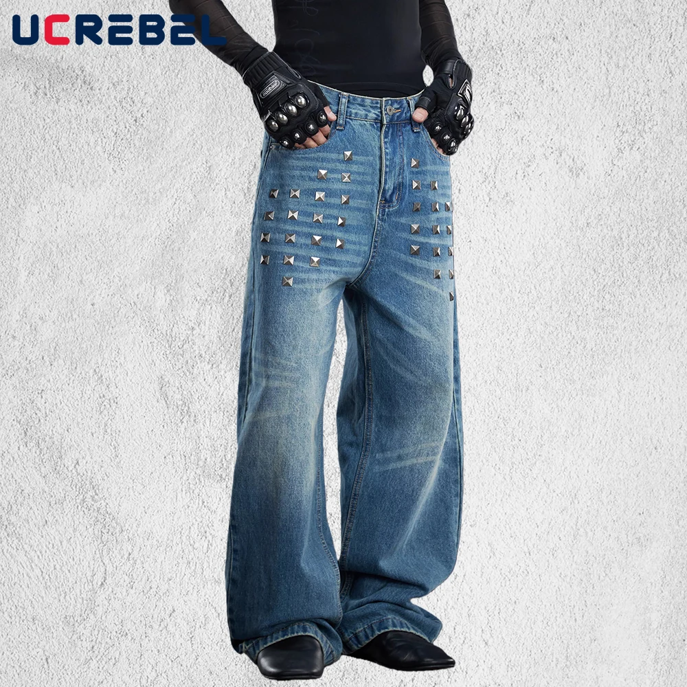 High Street Jeans Mens with Rivets Retro Washed Distressed Straight Baggy Wide Leg Denim Pants Man