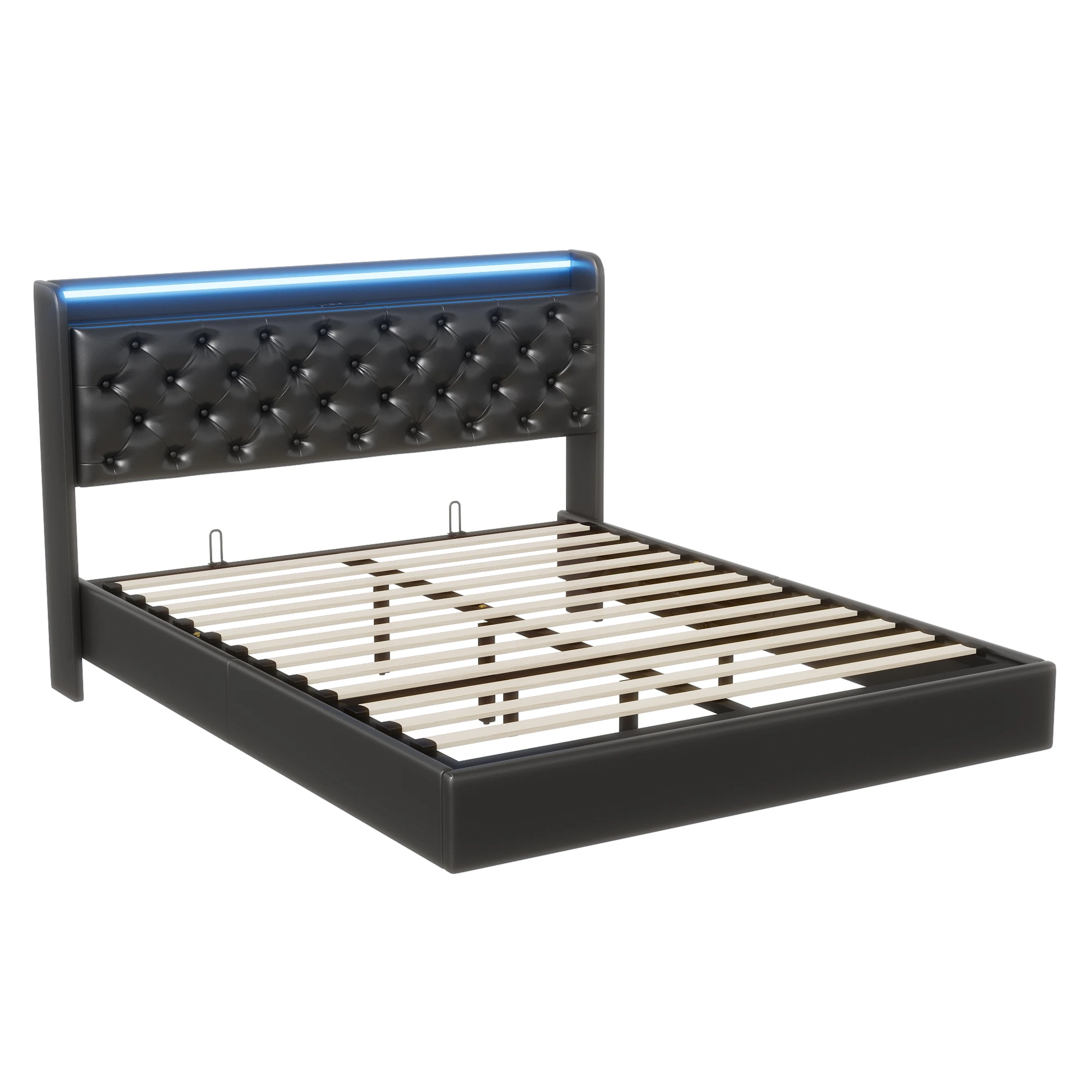 Rosahqnda Polsterbett, Doppelbett mit USB-Ladefunktion, LED-Beleuchtung, Kopfteil mit Stauraum, versteckte Bettfüße, Leder-Finish – Detail 18