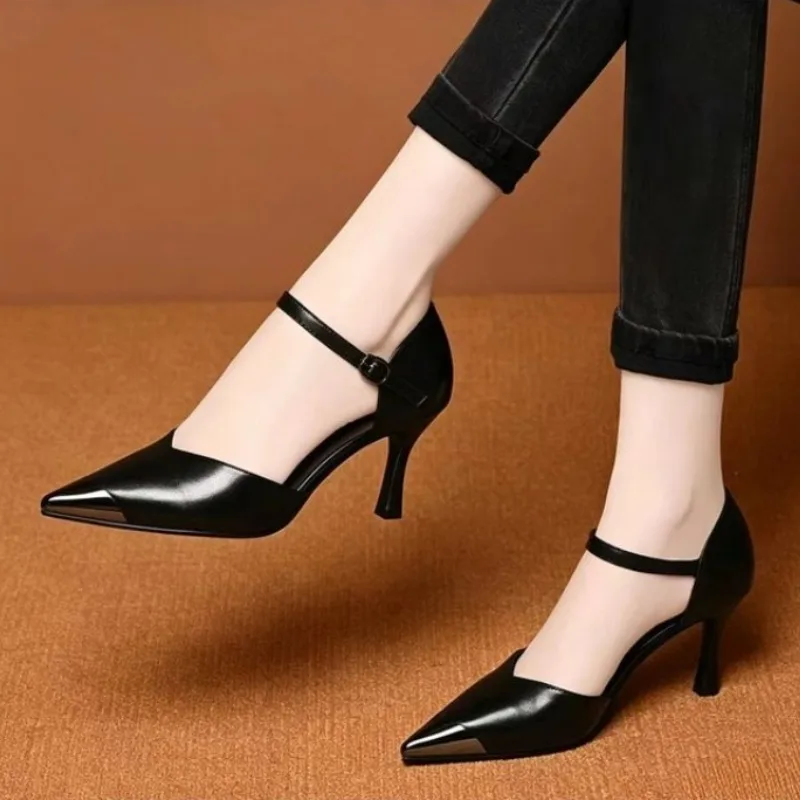 Sexy Pointed Toe Shallow High Heels New One-line Strap Hollow Stipple Heel Baotou Sandals