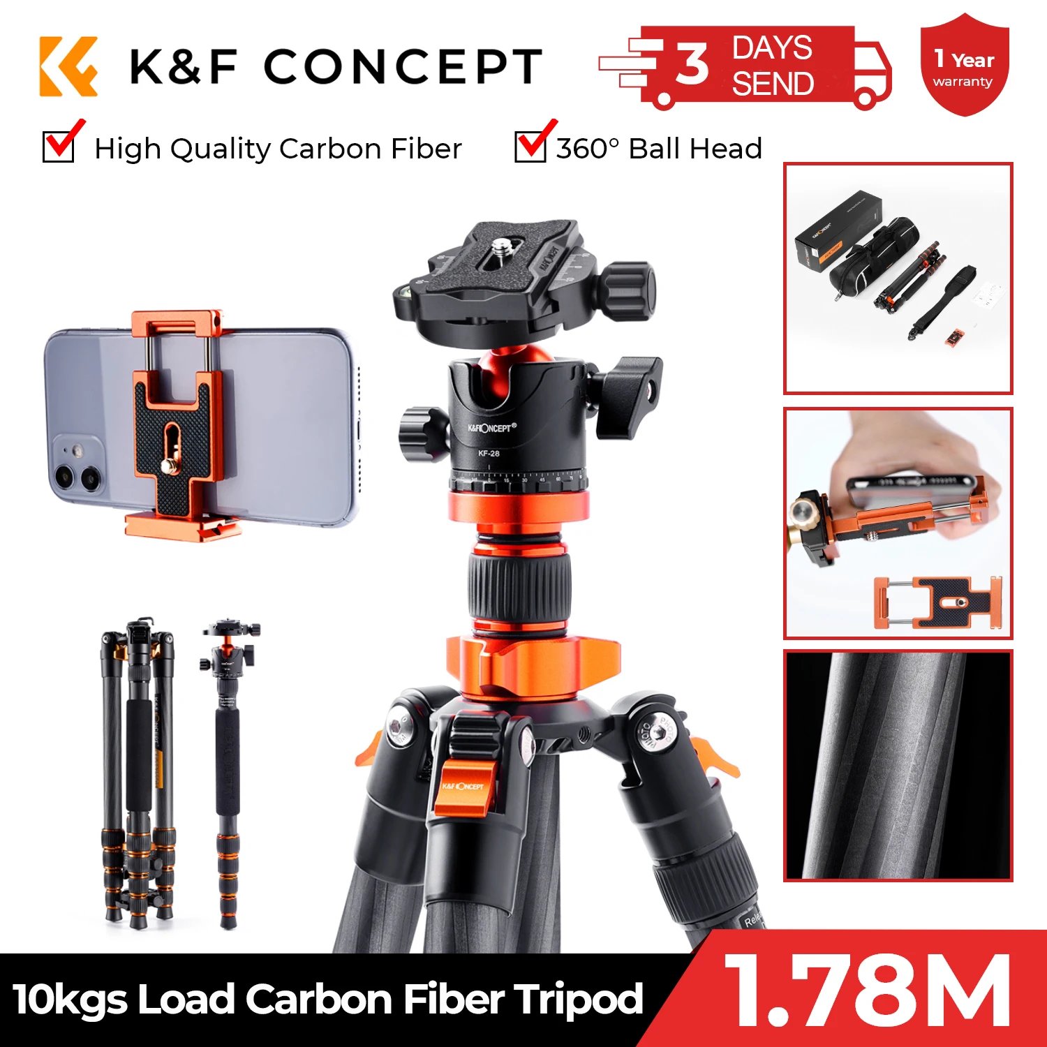 K&F Concept SA255C1 68 inch Carbon Fiber Camera Tripod with 360 Degree Ball Head and 10kgs Load Detachable Monopod For Camera