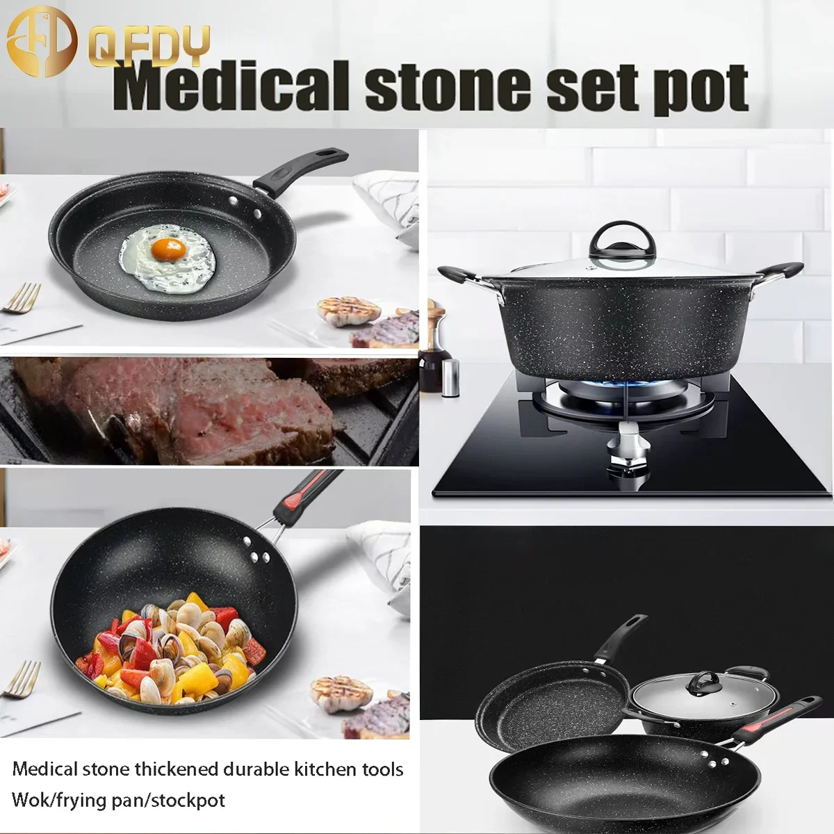 

Medical stone non-stick 3-piece set of soup pan skillet portable heating uniform kitchen food accessories tools