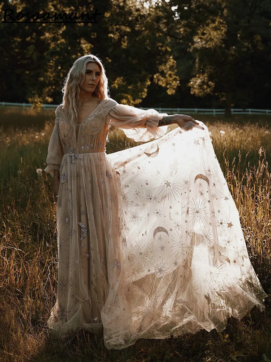 Vestidos De novia De manga larga con cuello en V y lentejuelas brillantes, ropa De boda, champán ilusión, línea A, plisado, cristal