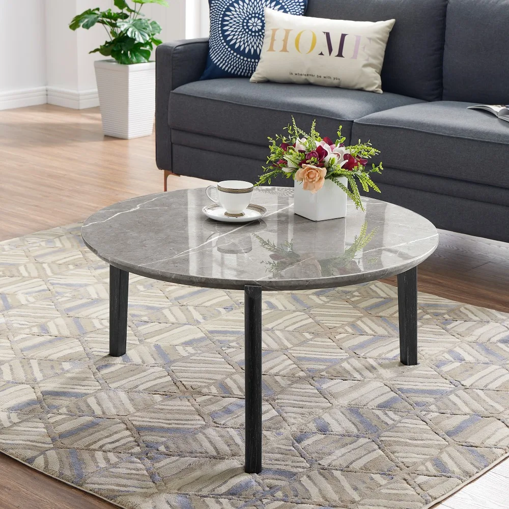 

Living Room Coffee Table, 36 Inch Round Small Coffee Table, Imitation Marble Tabletop with Rubber Wood Solid Wood Legs, Tables