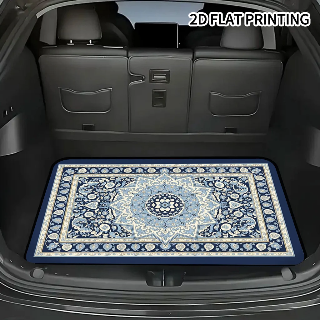 1pc Blue And White Persian Style Geometric Patterned Trunk Mat, Suitable For Sedans, Trucks, And Suvs, Automotive Additions, Dur