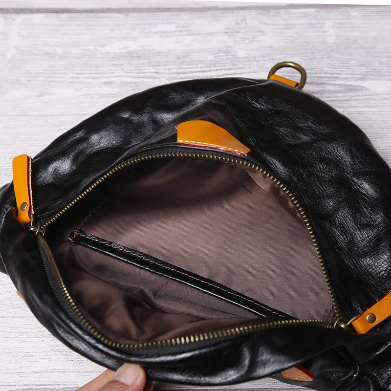 Original Vegetable Tanned Cow Leather Mobile Phone Waist Bag Men\'s Top Layer Cowhide Vintage Color Contrast Cross Body Chest