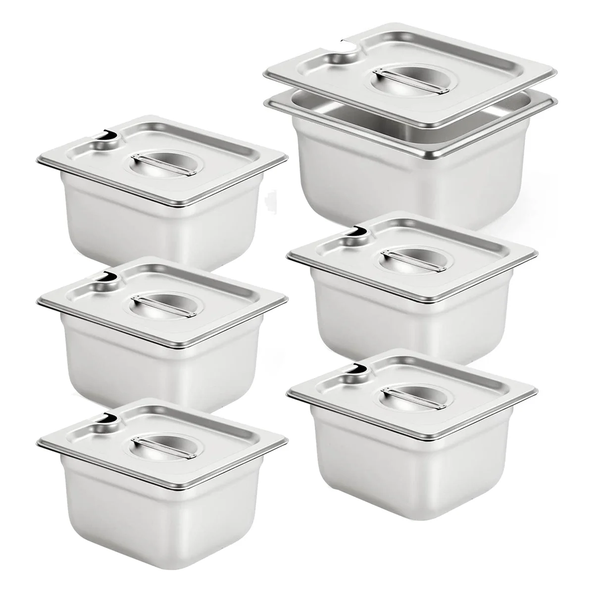 

6 Pack Anti-Jam Slotted Hotel Pans with Lids, 1/6 Size 4 Inch Deep, Commercial 18/8 Stainless Steel Steam Table Food Pan