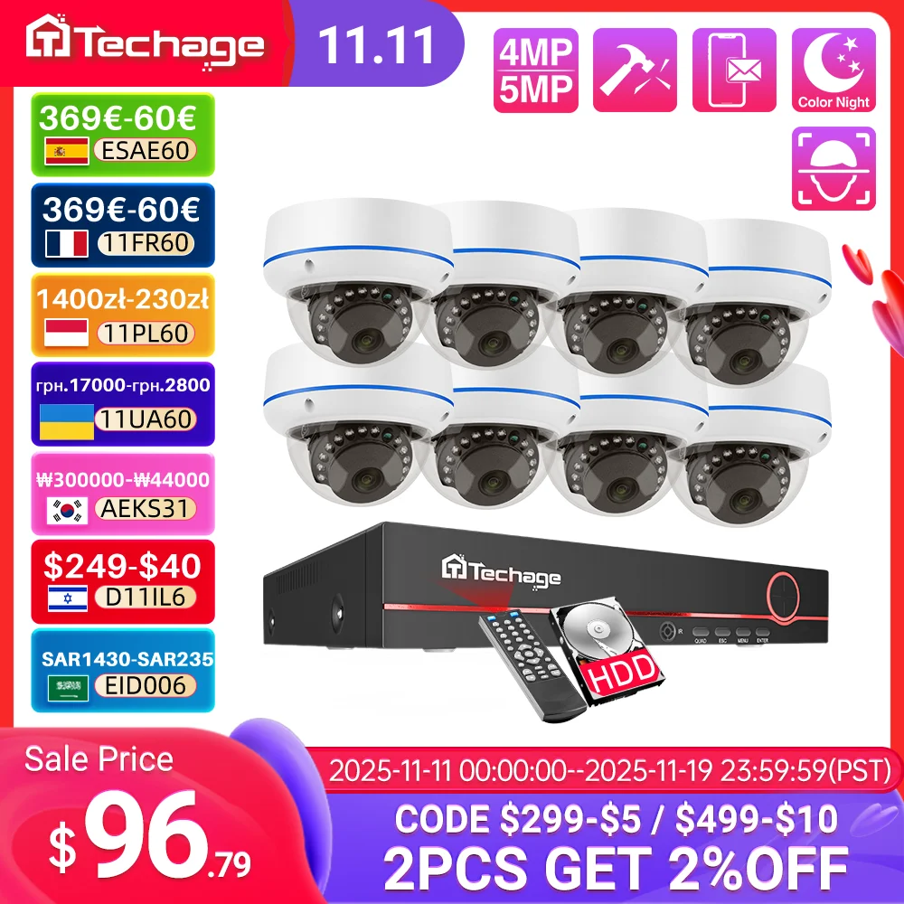 Techage H.265 8CH 4MP 5MP Indoor Dome Video Surveillance Set Audio Record PoE NVR Kit CCTV System VandalProof Security IP Camera