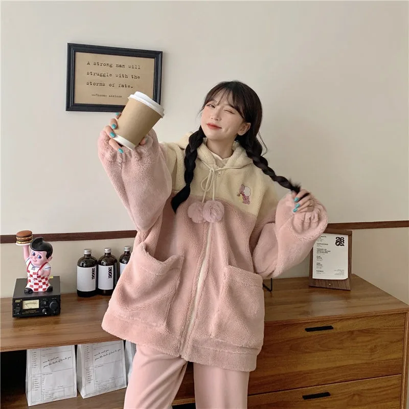 Fleece Patchwork Parkas Women Hooded Pockets Zipper Panelled Warm Lovely Sweet Ball Drawstring Students Preppy Causal Female