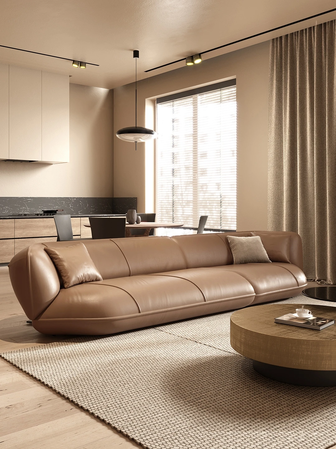 Straight sofa, brown living room, Italian high-end light luxury, four seater, three seater leather sofa