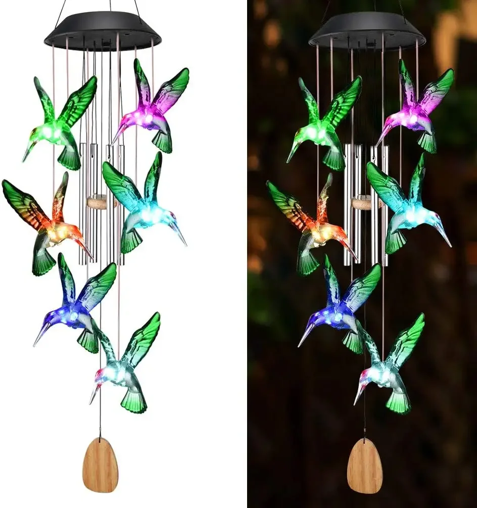 Color Changing Solar Power Wind Chime Hummingbird Butterfly Waterproof Outdoor Christmas Decoration Light for Patio Yard Garden