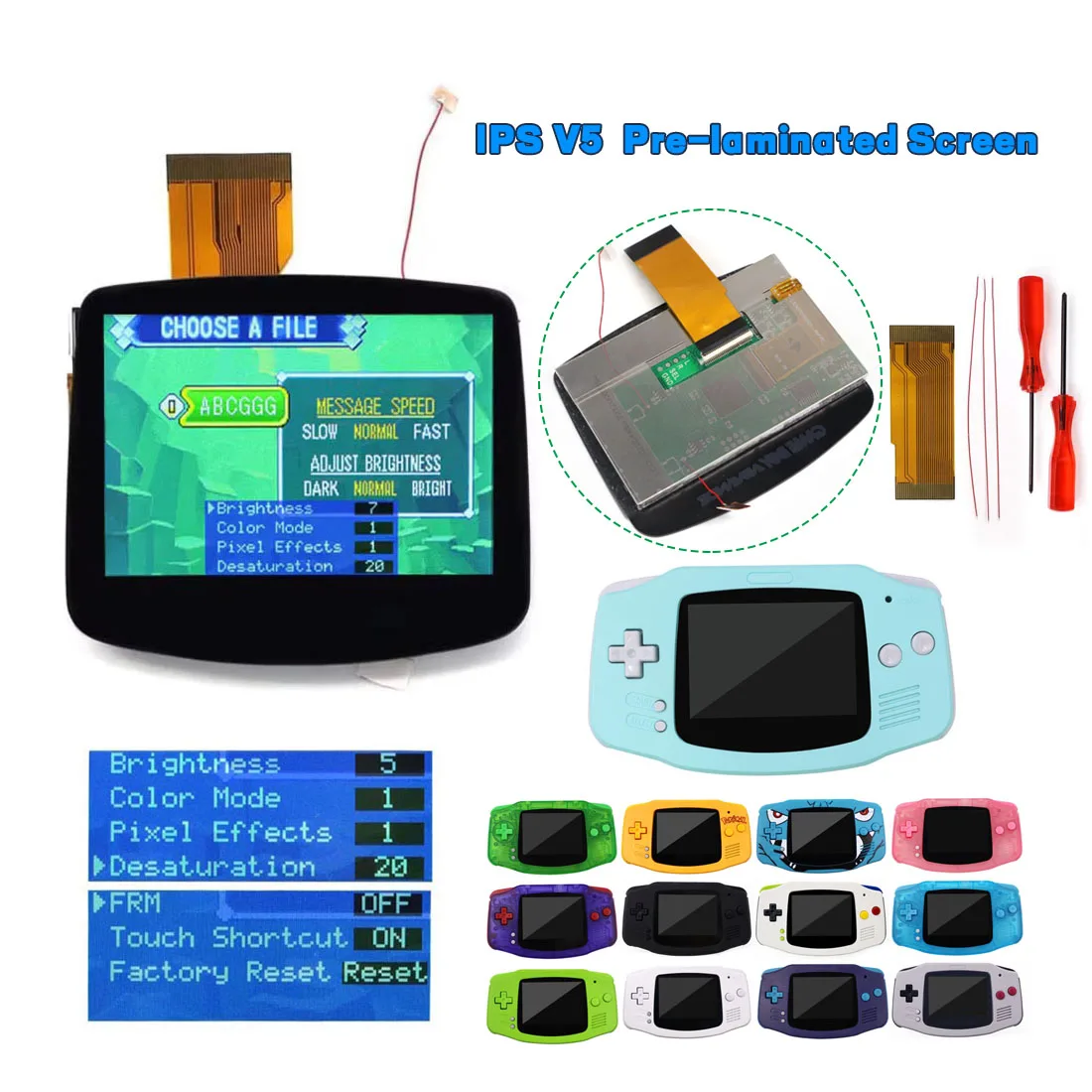 سهلة التركيب Drop-in 720*480 تسليط الضوء على LCD GBA IPS V5 شاشة مغلفة مسبقًا OSD FRM مجموعات لـ Gameboy Advance