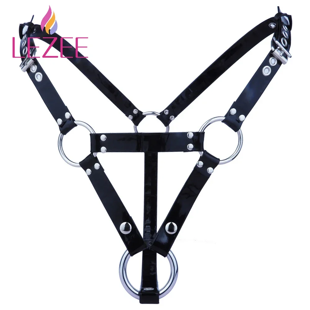 LEZEE Male Chastity Device Elastic Strapon Accessories Wearable Leather BDSM Cage Cock Adjustable Pants PU Sex Belt Toys Toy