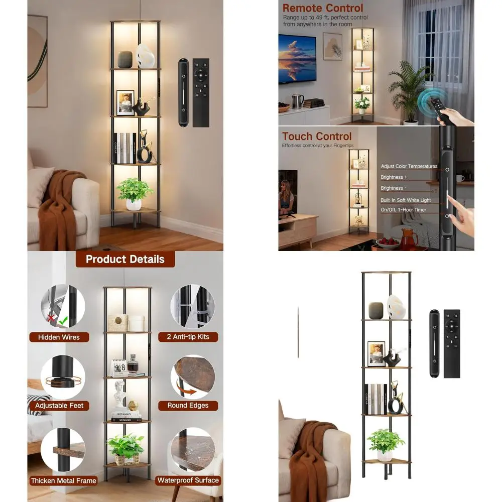 

Угловая полка со светодиодной подсветкой и сенсорным управлением и дистанционным управлением, 5-уровневый дисплей с регулируемой яркостью для гостиных