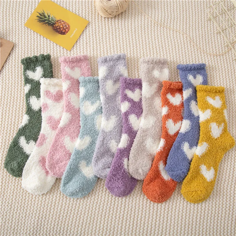 Winter Warm Kawaii Love Heart Fluffy Coral Fleece Socks for Women Soft Coral Velvet Sock Indoor Floor Casual Slippers Socks Sox