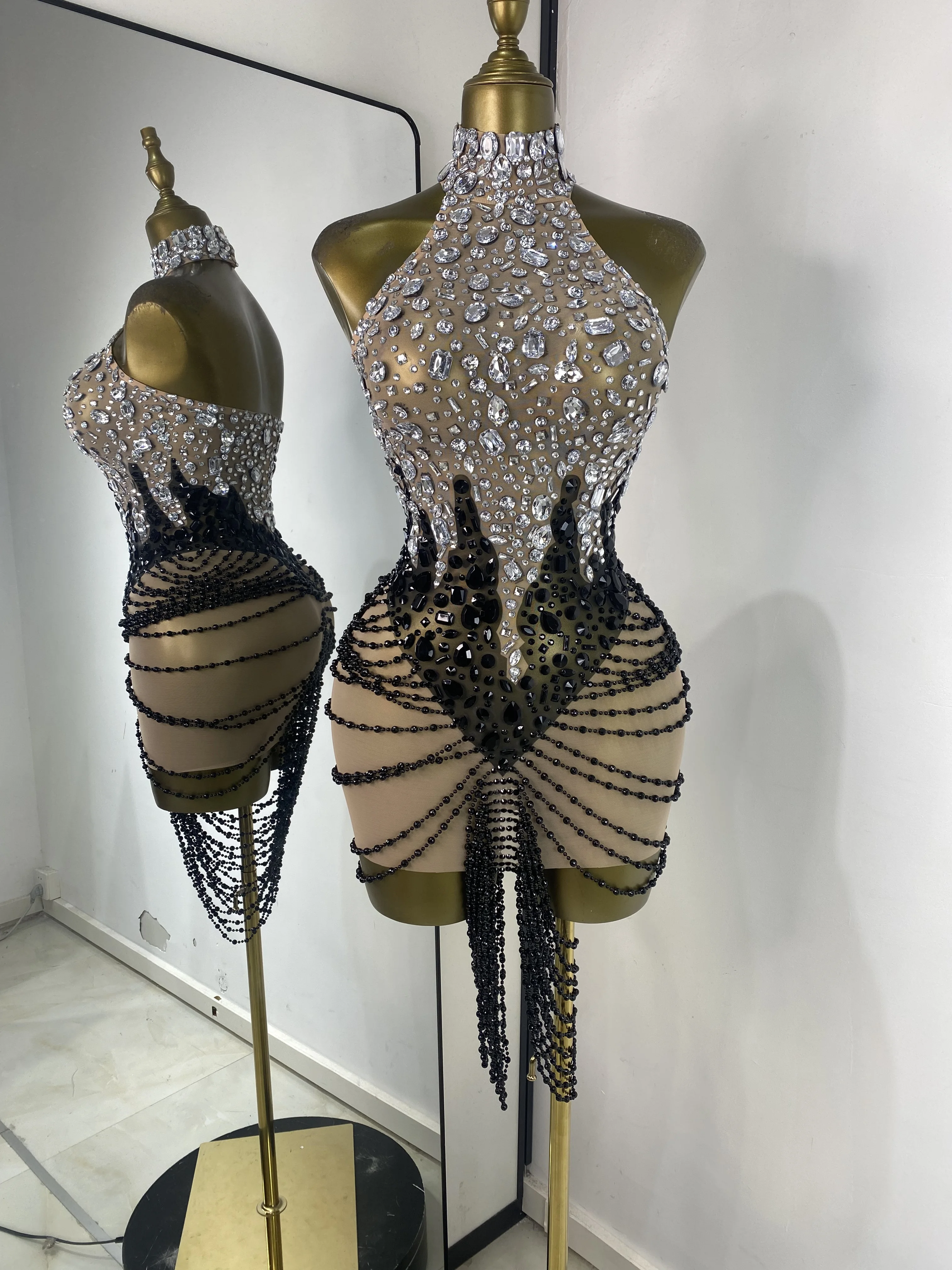 

Evening Club Party Dress Rhinestones Halter Black Beads Chain Bodycon Mini See Through Dress For Black Womens High Elastic