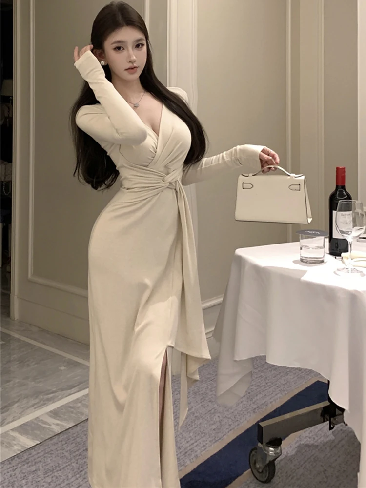 Women Pink Long Sleeve V-Neck Sexy Maxi Dress Autumn Winter Elegant Bandage Bodycon Dress 2024 Korean Fashion Party Night Dress