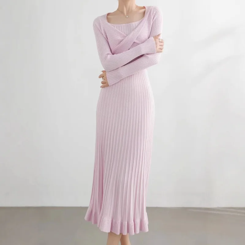 

Women Knitted Sweater Dress Ruffles Pleated Ruched Criss Cross Elegant Pink Long Sleeve Autumn Winter A-Line Waist Maxi Dresses